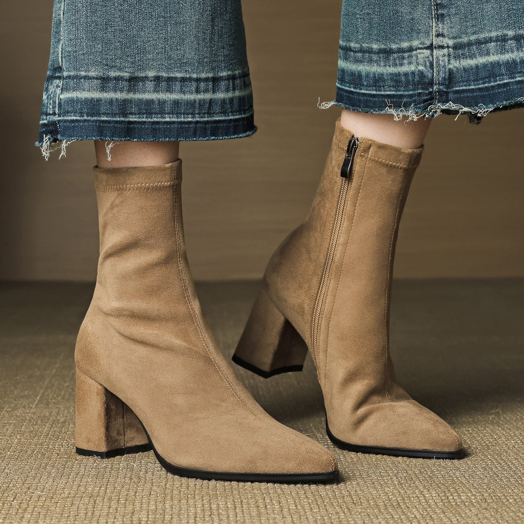 Mencía | Women's Suede Ankle Boots with Block Heel and Side Zipper