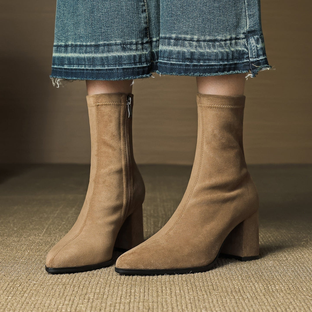 Mencía | Women's Suede Ankle Boots with Block Heel and Side Zipper