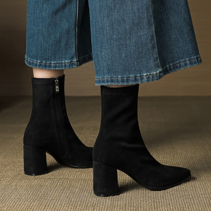 Mencía | Women's Suede Ankle Boots with Block Heel and Side Zipper