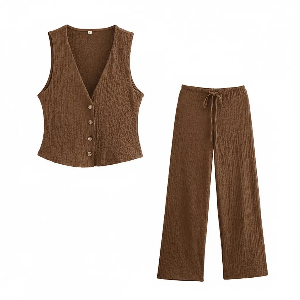 Women's Relaxed Fit Loungewear Set | Cotton Blend Two-Piece Lounge Set with Crinkle Texture | Everyday Casual Home Wear