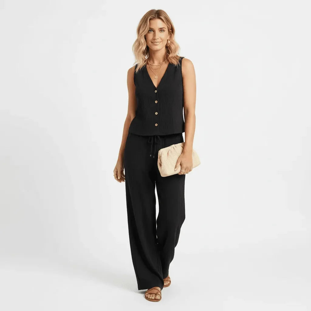 Women's Relaxed Fit Loungewear Set | Cotton Blend Two-Piece Lounge Set with Crinkle Texture | Everyday Casual Home Wear
