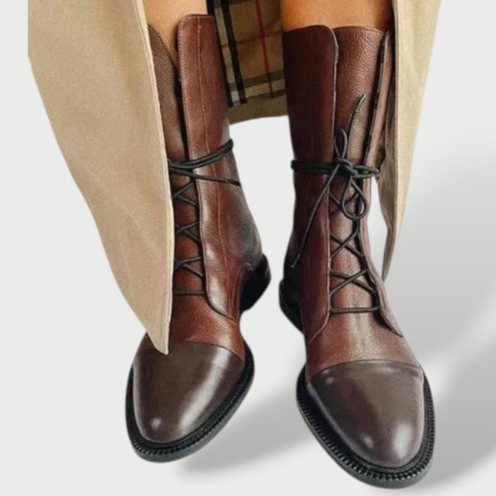 Mónica | Women’s Flat Leather Military Boots, Lace-Up, Mid-Calf