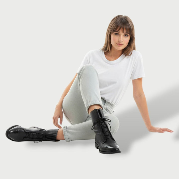 Mónica | Women’s Flat Leather Military Boots, Lace-Up, Mid-Calf