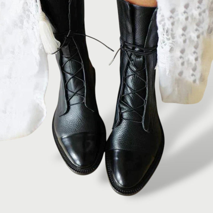 Mónica | Women’s Flat Leather Military Boots, Lace-Up, Mid-Calf