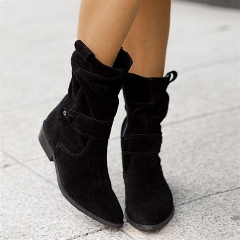 Paloma | Women’s Flat Suede Mid-Calf Boots with Buckle