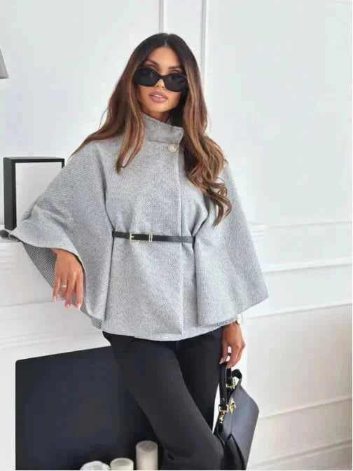 Women's poncho with belt and flared sleeves