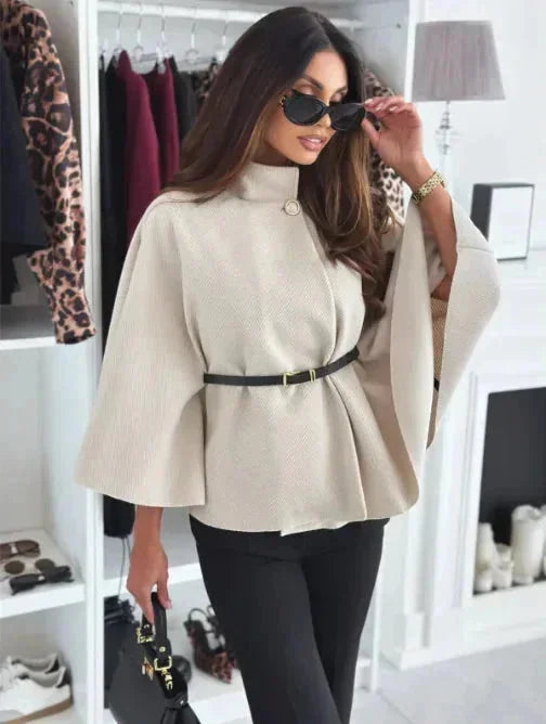 Women's poncho with belt and flared sleeves