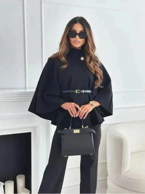 Women's poncho with belt and flared sleeves