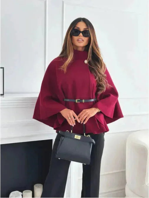 Women's poncho with belt and flared sleeves