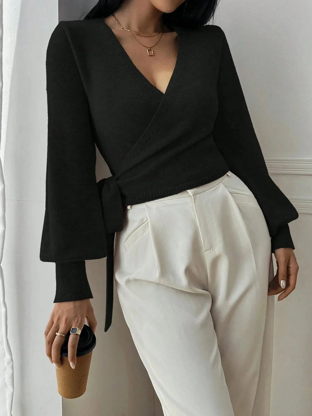 Women's wrap sweater with tie belt