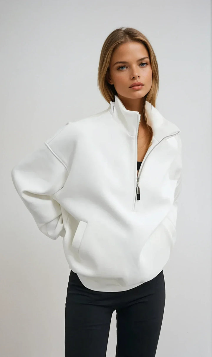 Oversized women's cotton hoodie sweater with half-zip in white