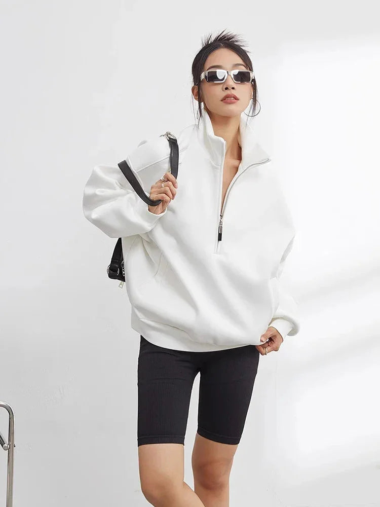 Oversized women's cotton hoodie sweater with half-zip in white