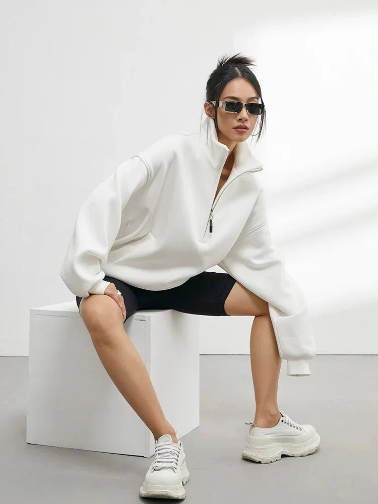 Oversized women's cotton hoodie sweater with half-zip in white
