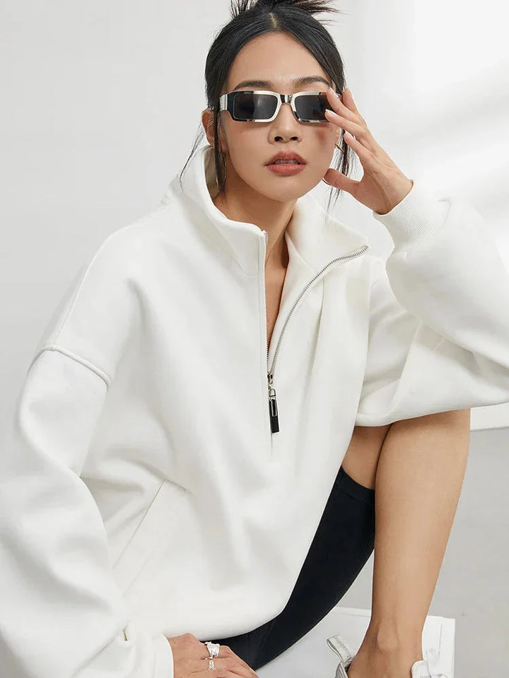 Oversized women's cotton hoodie sweater with half-zip in white