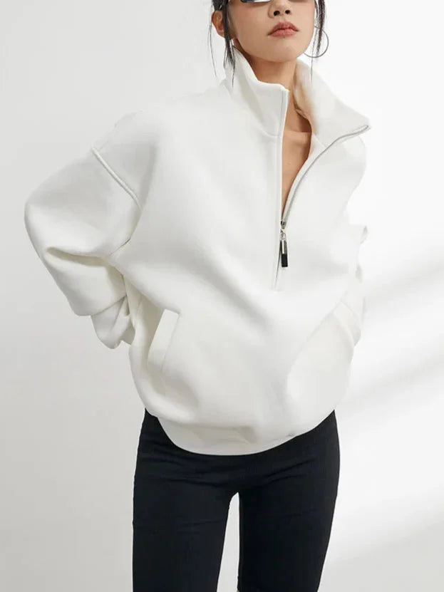 Oversized women's cotton hoodie sweater with half-zip in white