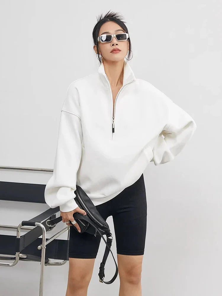 Oversized women's cotton hoodie sweater with half-zip in white