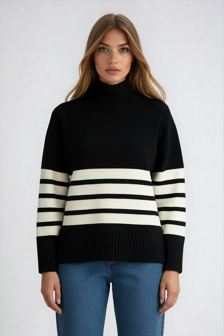 Striped women's sweater with stand-up collar