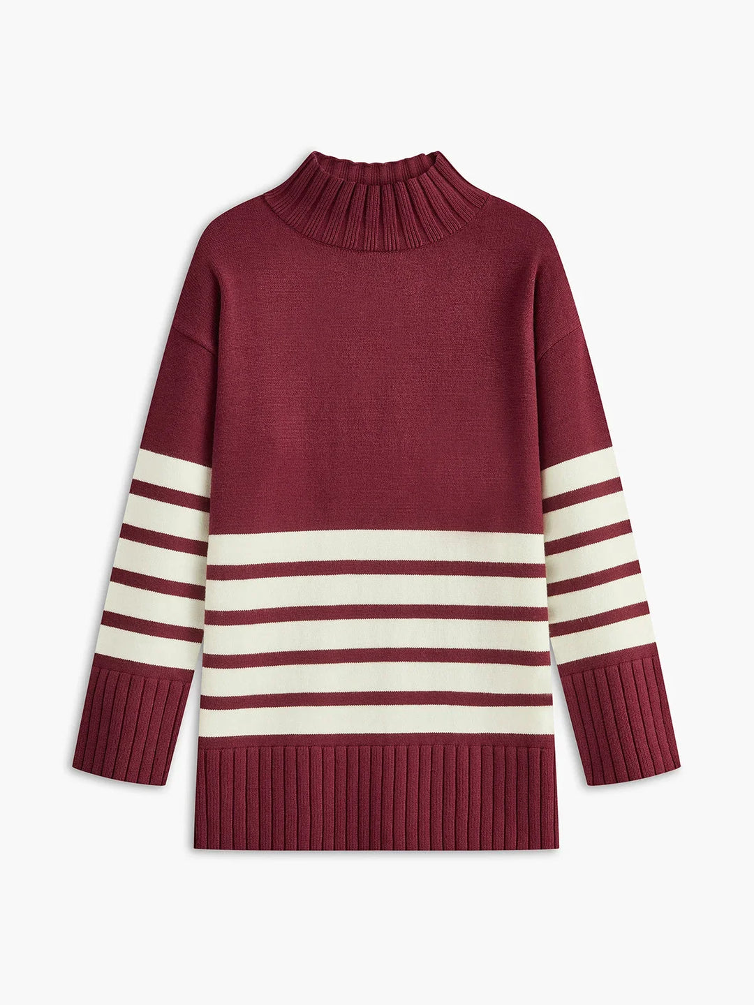 Striped women's sweater with stand-up collar