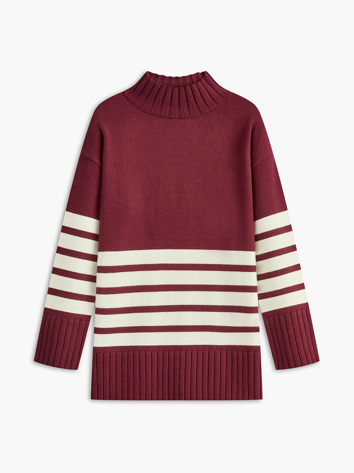 Striped women's sweater with stand-up collar