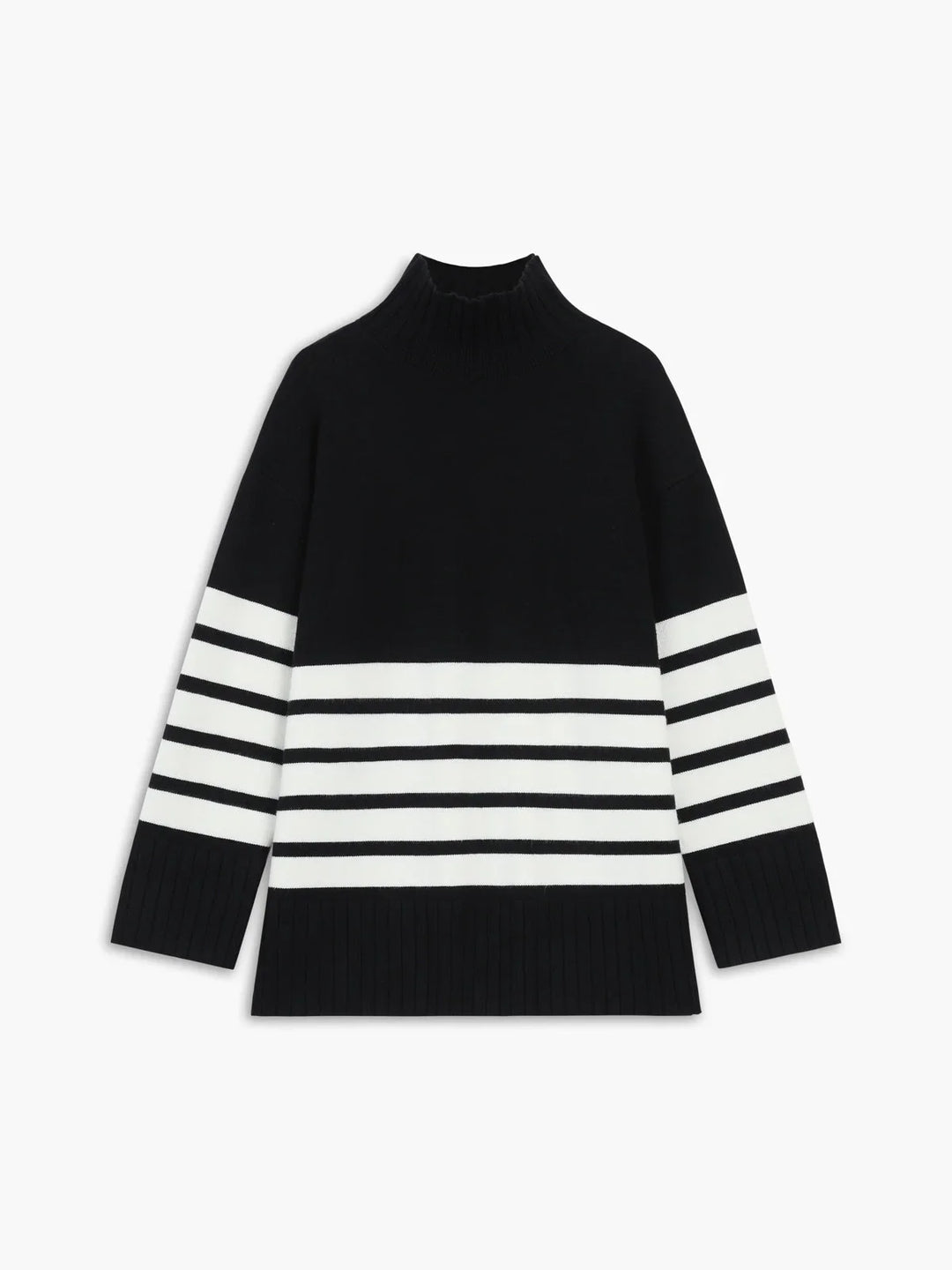 Striped women's sweater with stand-up collar