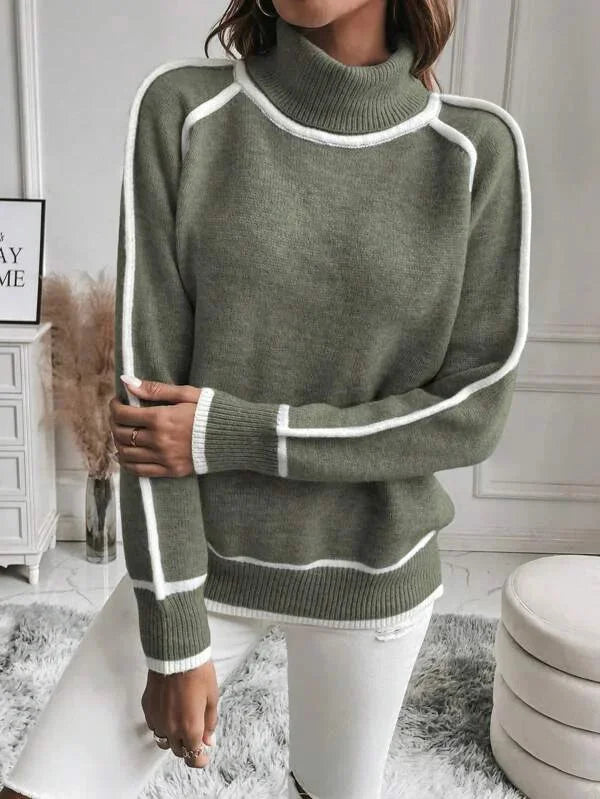 Olive Women's Turtleneck Sweater with White Accents