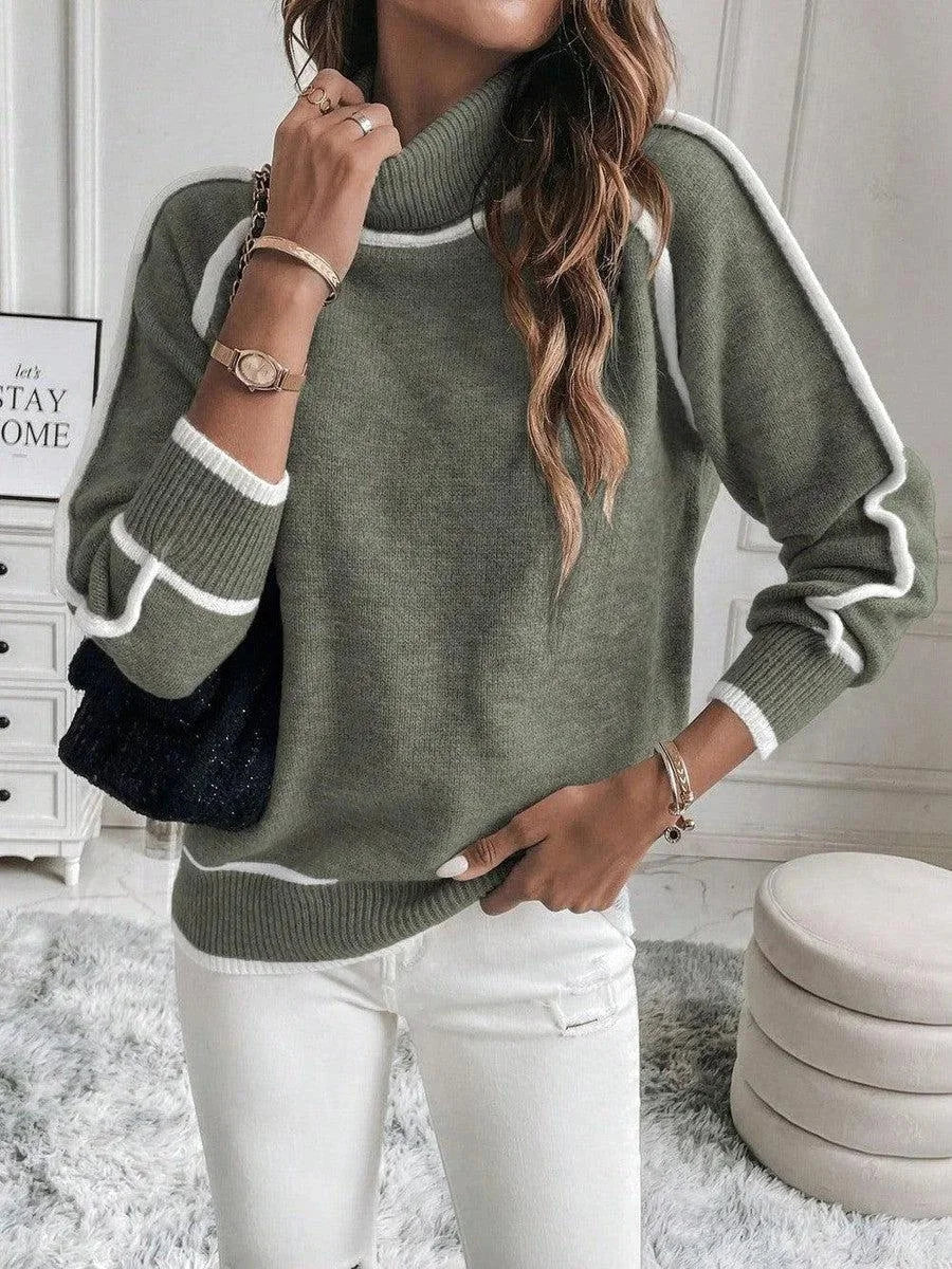 Olive Women's Turtleneck Sweater with White Accents