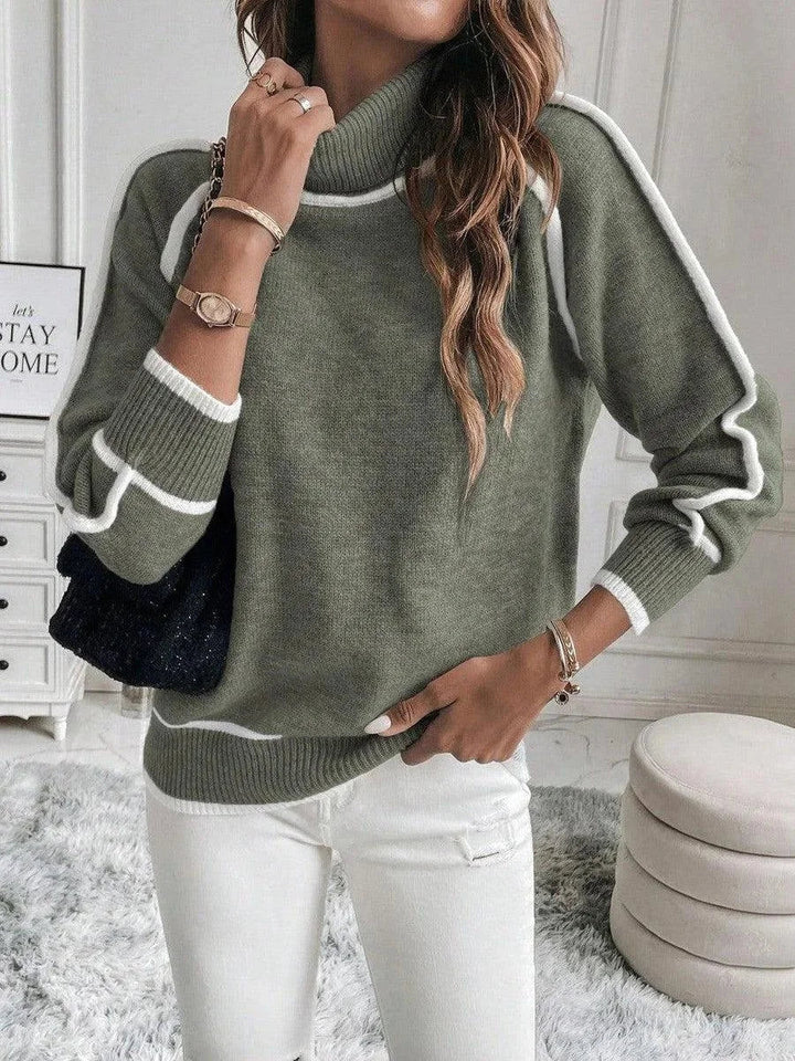 Olive Women's Turtleneck Sweater with White Accents