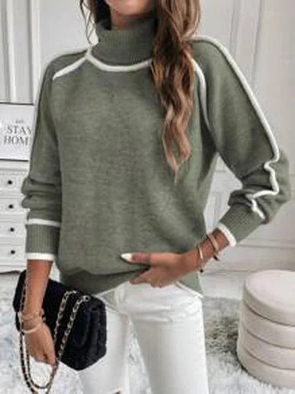 Olive Women's Turtleneck Sweater with White Accents