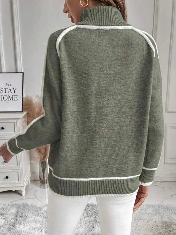 Olive Women's Turtleneck Sweater with White Accents
