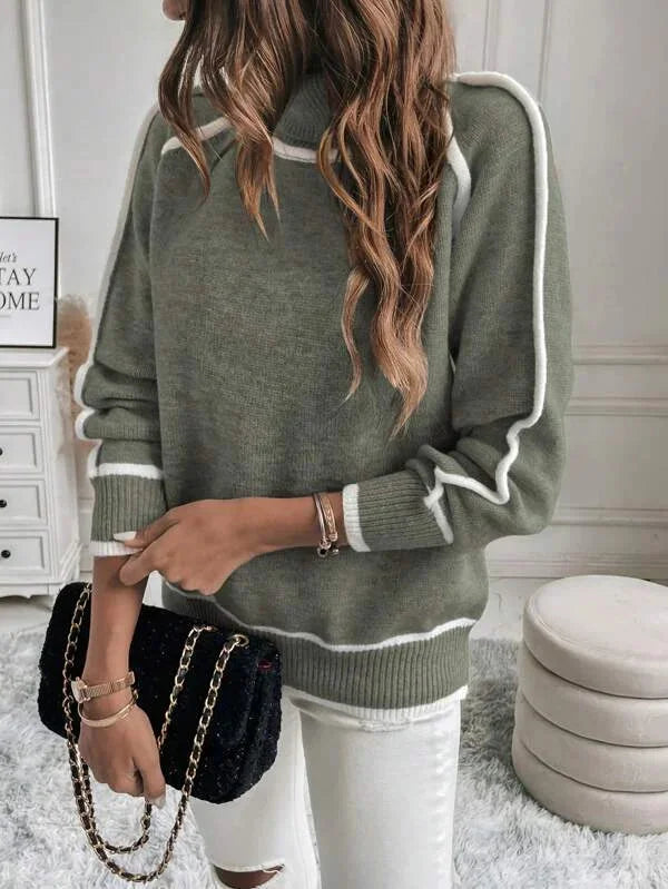 Olive Women's Turtleneck Sweater with White Accents