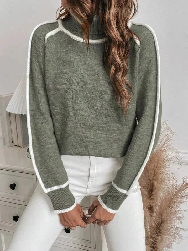 Olive Women's Turtleneck Sweater with White Accents