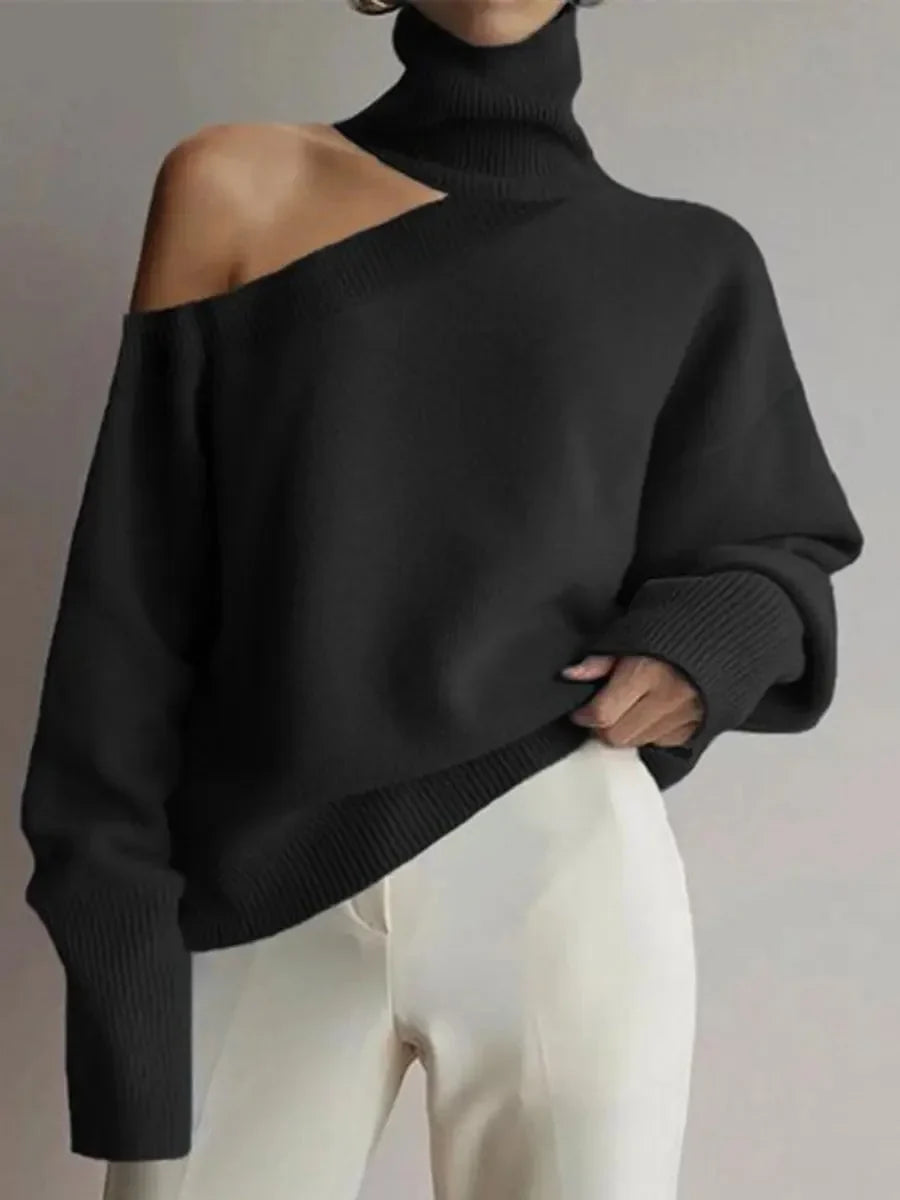 Women's turtleneck sweater with bare shoulders, trendy style
