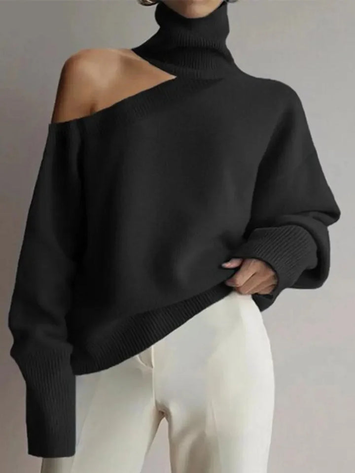 Women's turtleneck sweater with bare shoulders, trendy style
