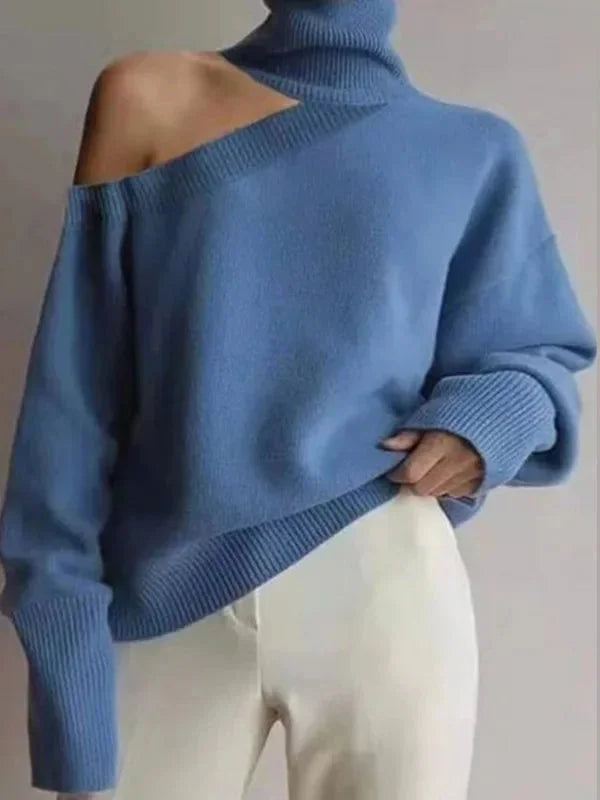 Women's turtleneck sweater with bare shoulders, trendy style