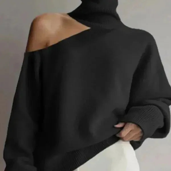 Women's turtleneck sweater with bare shoulders, trendy style