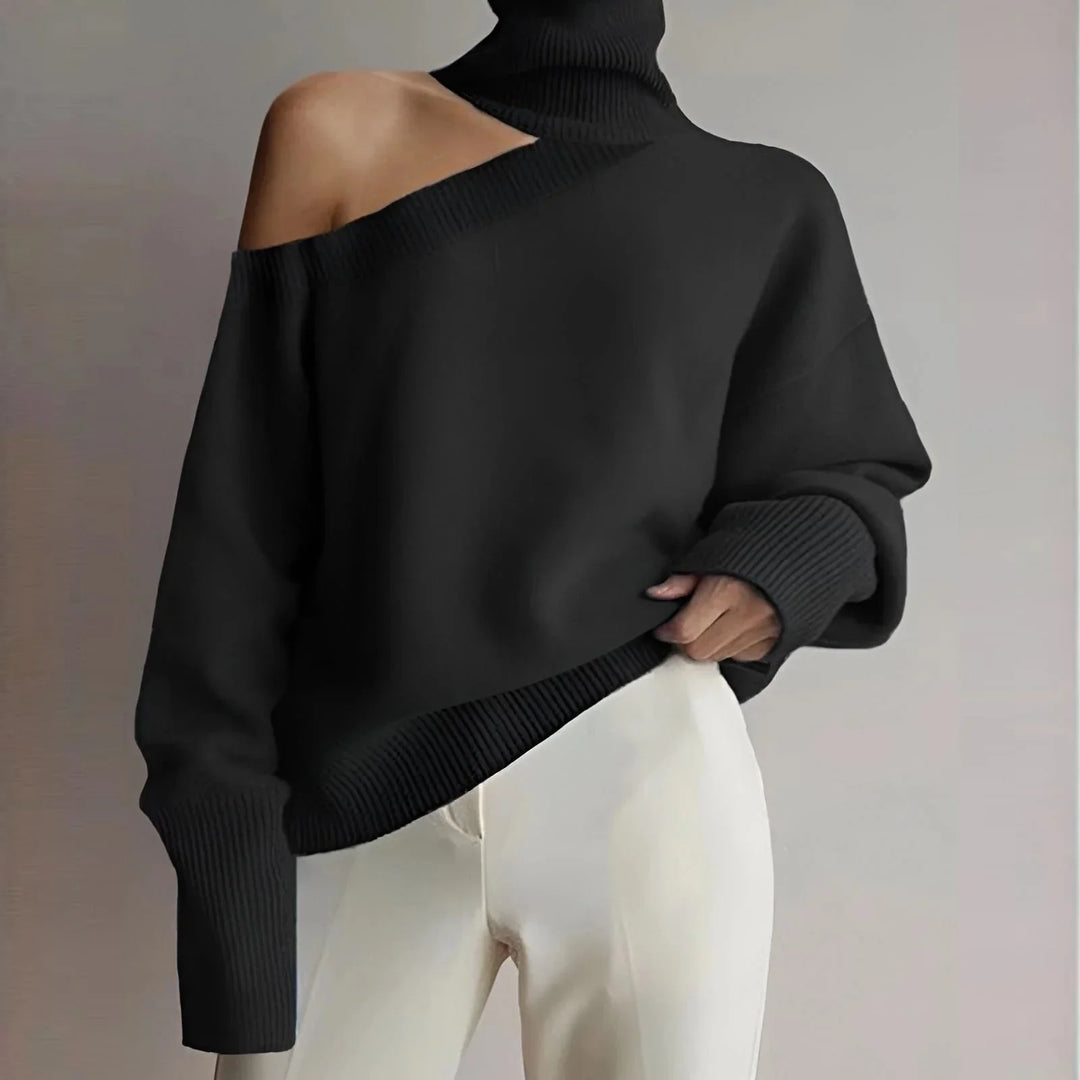 Women's turtleneck sweater with bare shoulders, trendy style