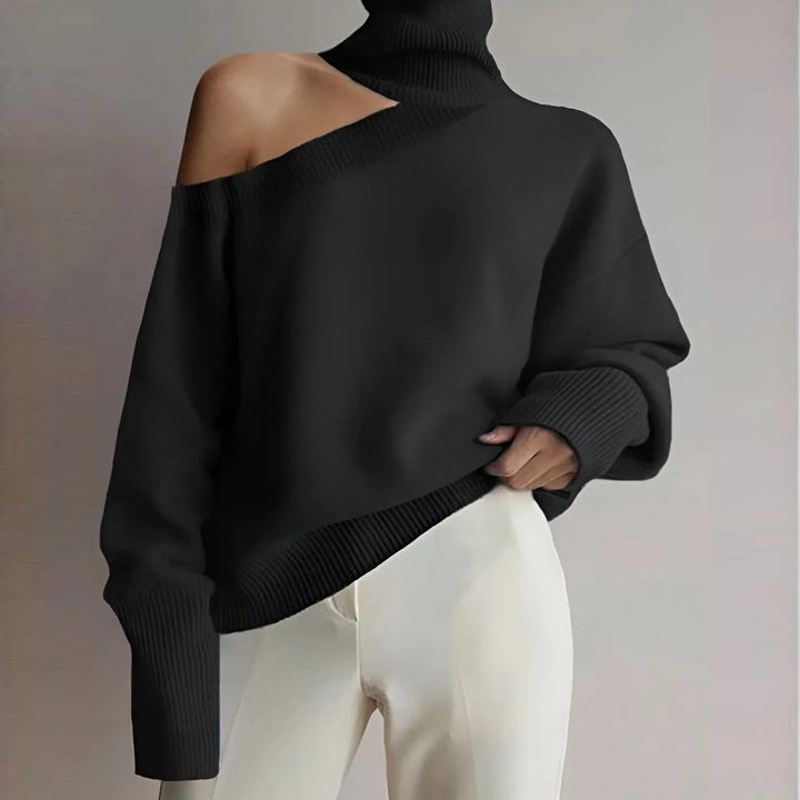Women's turtleneck sweater with bare shoulders, trendy style