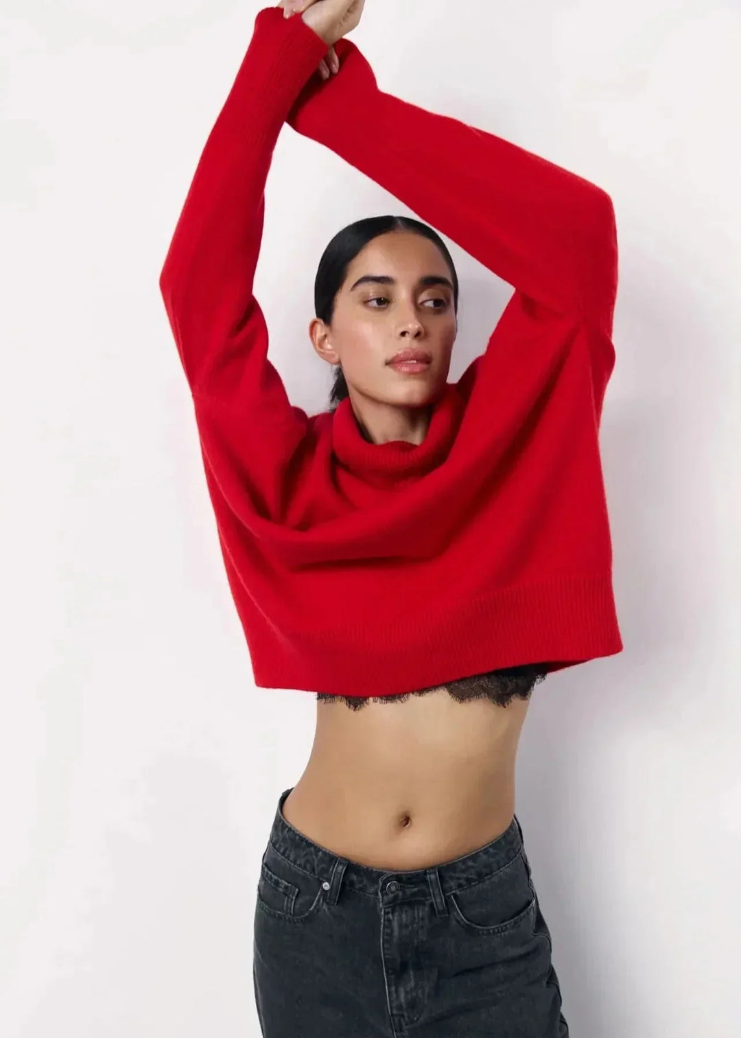 Modern oversized red women's turtleneck sweater