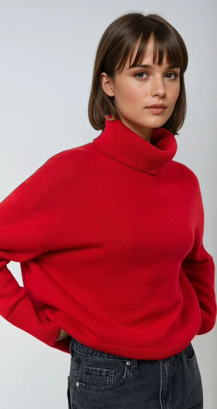 Modern oversized red women's turtleneck sweater