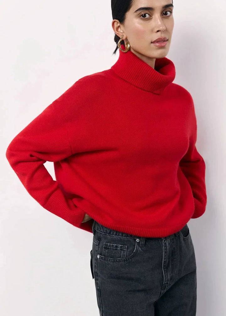 Modern oversized red women's turtleneck sweater