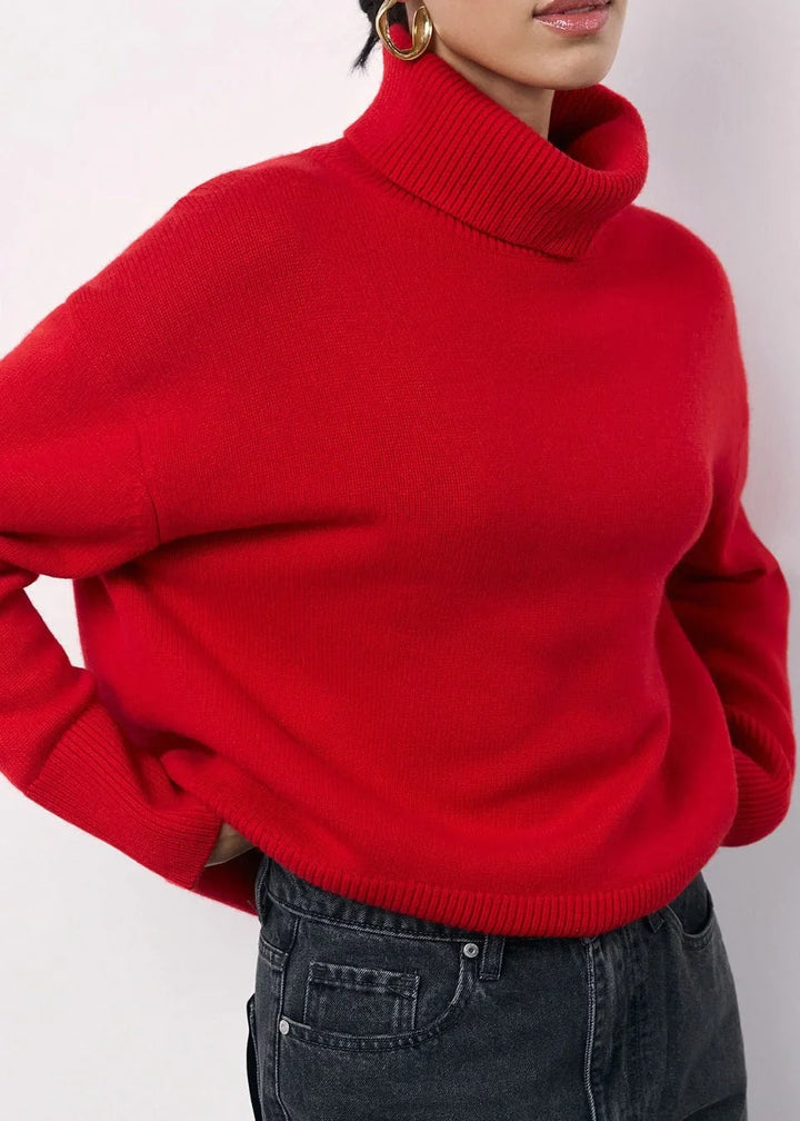 Modern oversized red women's turtleneck sweater