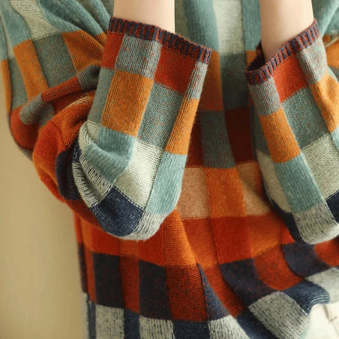 Multicolored Patchwork Turtleneck Sweater for Women