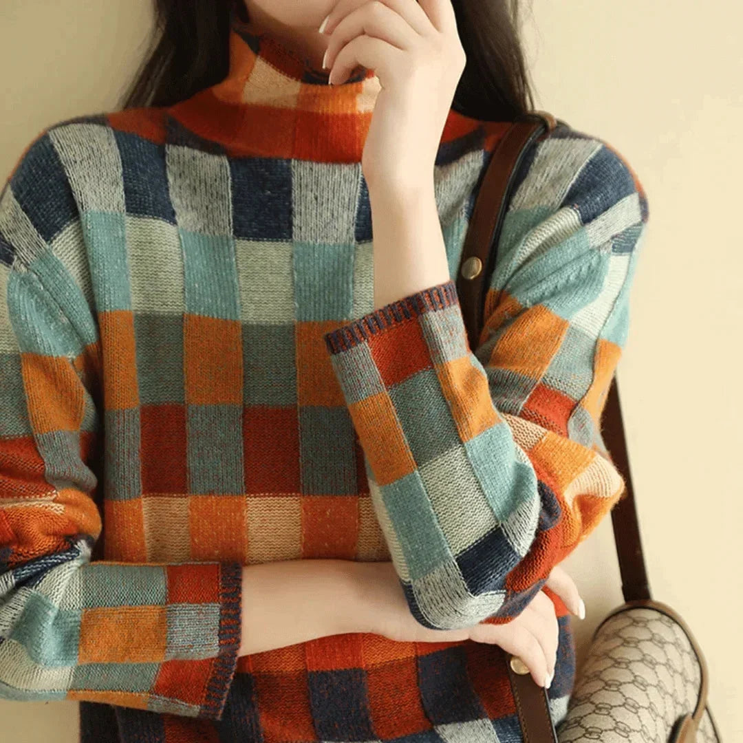 Multicolored Patchwork Turtleneck Sweater for Women