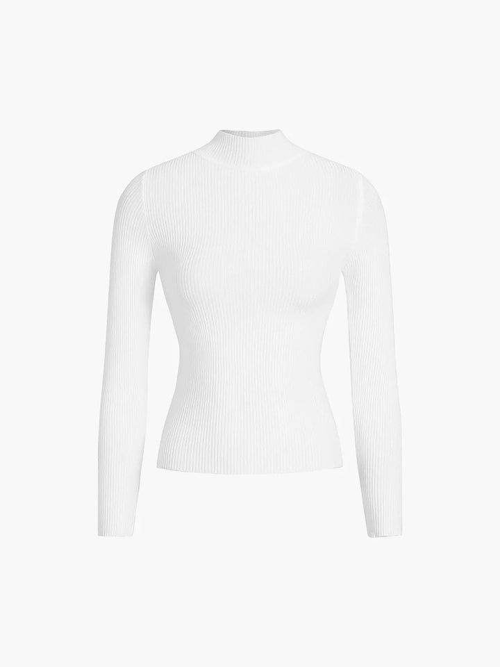 Ribbed women's sweater with a stand-up collar in ivory
