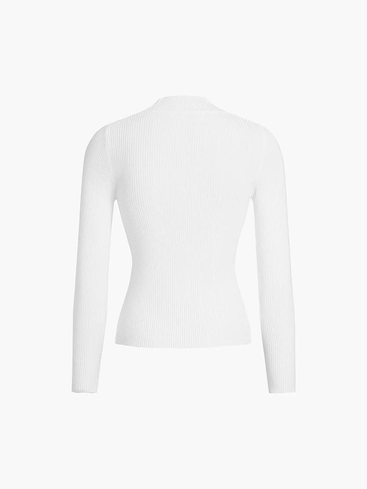 Ribbed women's sweater with a stand-up collar in ivory