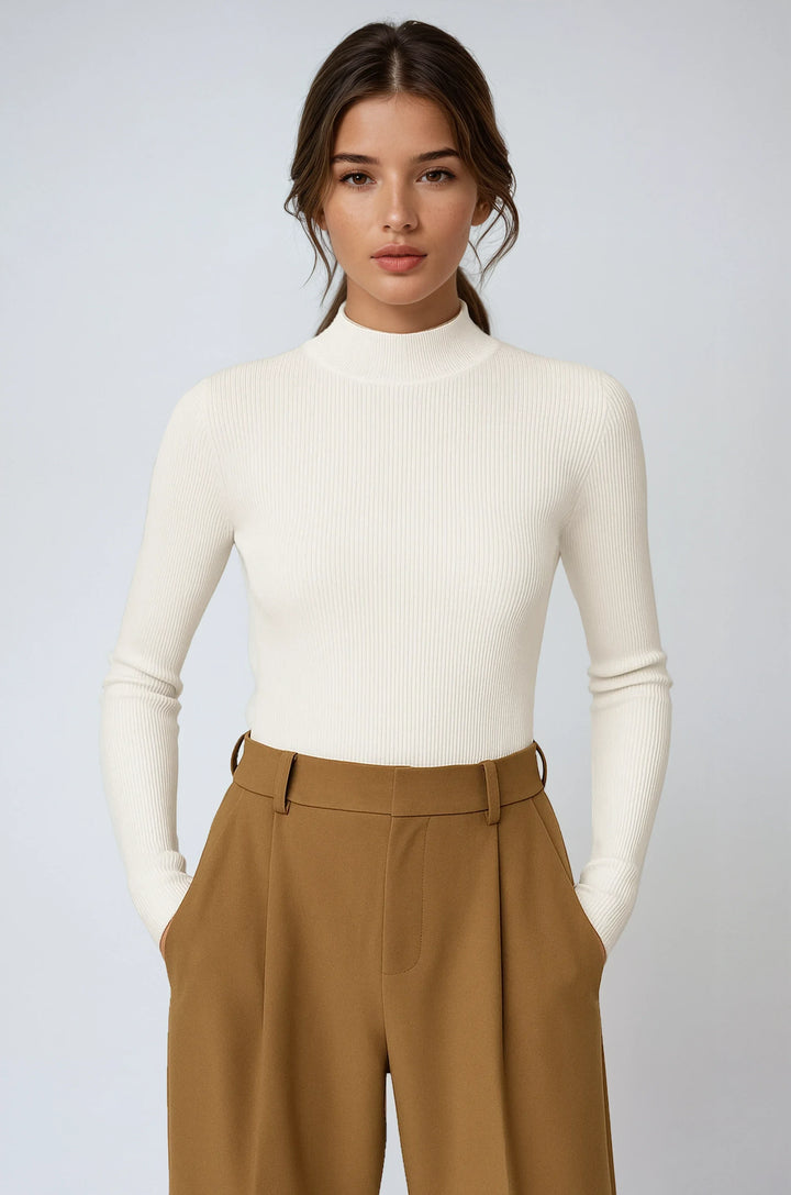 Ribbed women's sweater with a stand-up collar in ivory
