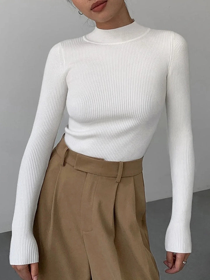 Ribbed women's sweater with a stand-up collar in ivory