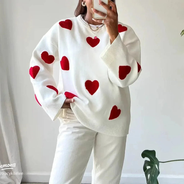 Casual women's Sweater with red and white heart pattern
