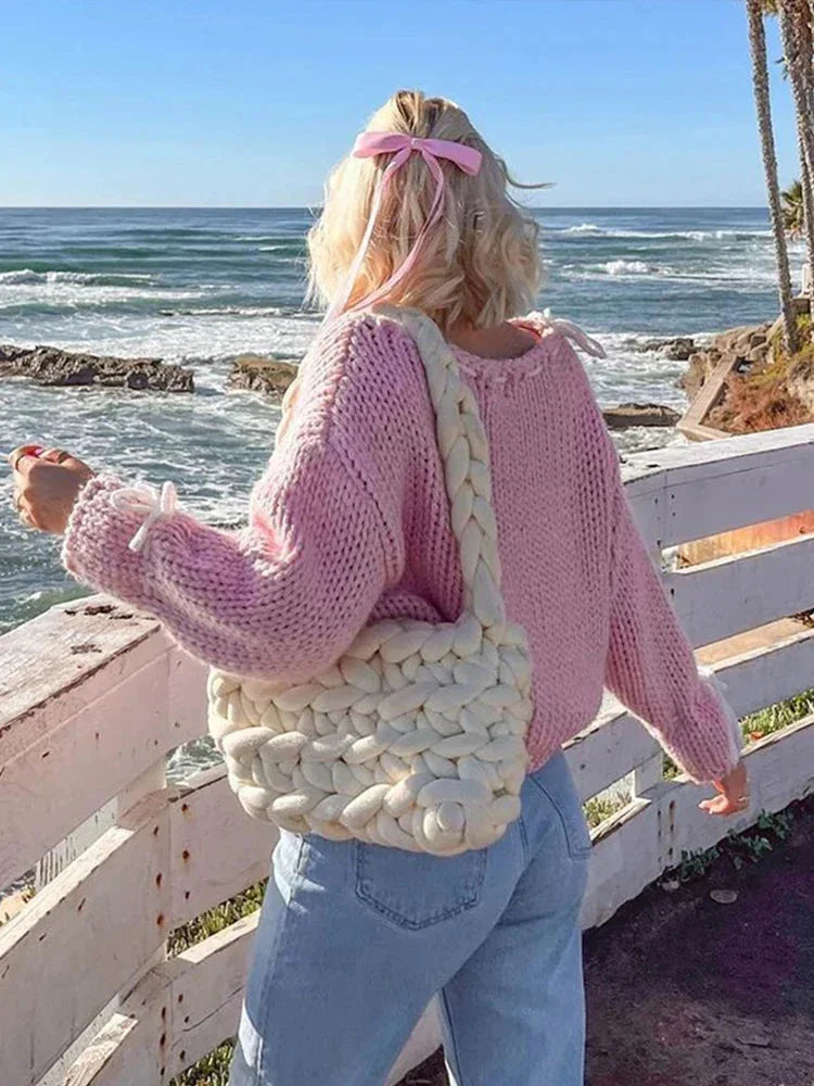 Women's asymmetrical sweater with trendy ties