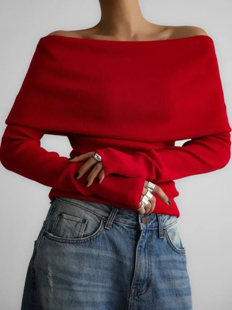 Women's Boat-Neck Sweater with Long Sleeves in Elegant Style